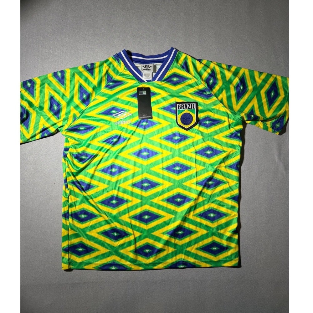 Umbro Brazil Soccer Jersey Mens Medium Green Yellow Diamond Pattern NWT